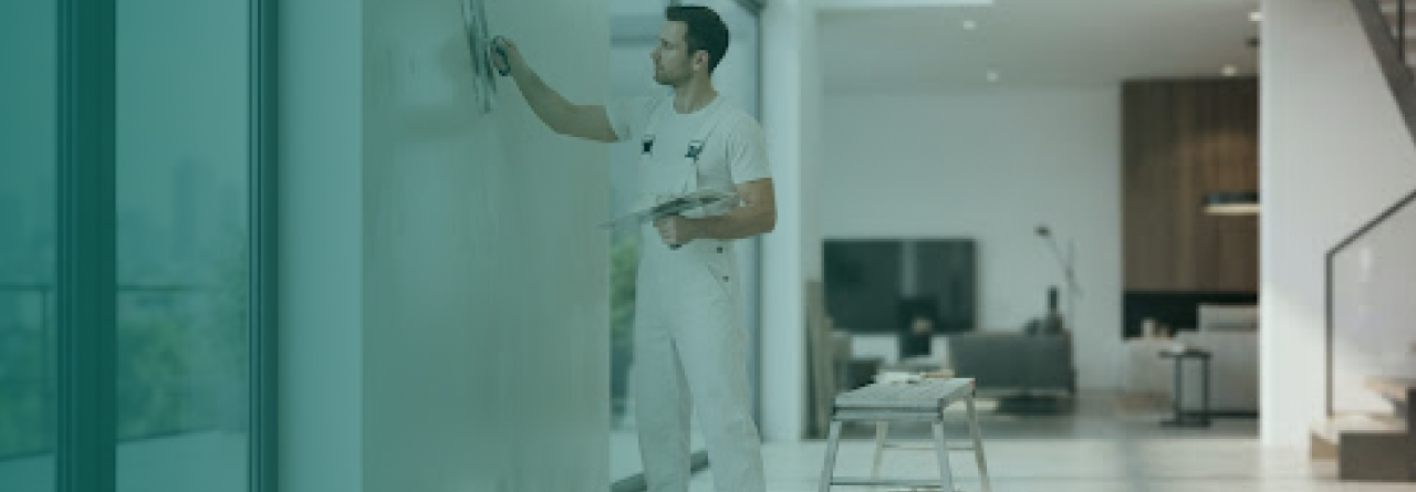 Skilled plasterer applying a smooth skim coat to an interior wall